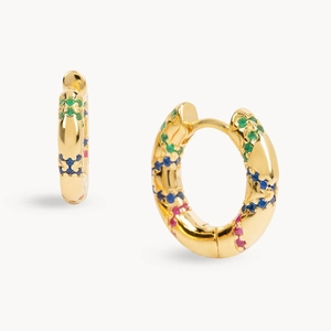 Detailed close-up of gold rainbow earrings with vibrant multi-colored gemstone inlay