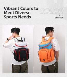 Detail of multi-compartment sports backpack in high-contrast colorways for athletes