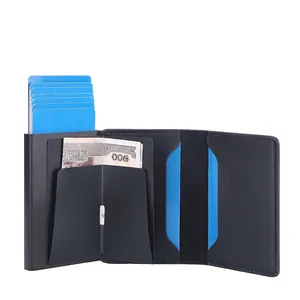 Minimalist RFID blocking pop-up card holder wallet in navy blue crazy horse leather texture