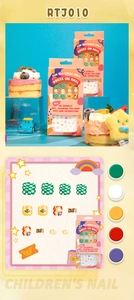 Detail of colorful children adhesive nail press-ons with cute rainbow and checkerboard patterns