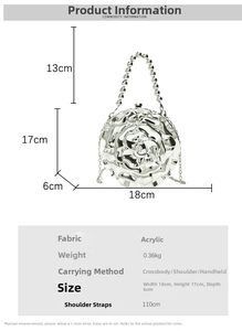 Detailed dimensions of silver 3D floral acrylic clutch bag with pearl handle and chain