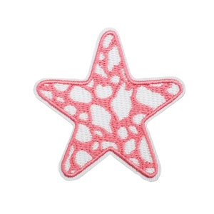Pink starfish embroidery patch with white accents and textured stitching for clothing