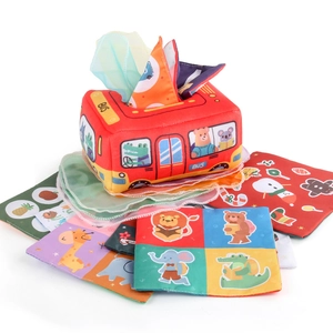 Educational red bus plush tissue box toy with sensory animal print crinkle fabrics