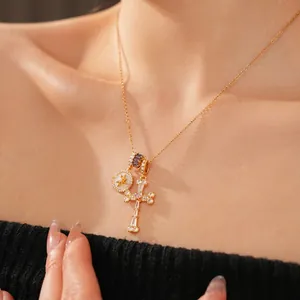 18k gold plated necklace with zircon cross and purple crystal star pendant for women