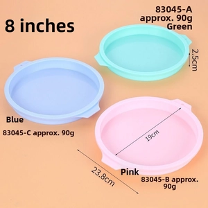 Detailed view of 8 inch silicone baking pans in blue, green and pink with handles