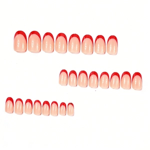 24pcs almond press-on nails featuring red French tips with natural nude base design