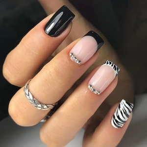Artificial Press On Nails French Square Round Zebra Stripe Design Rhinestone Glossy False Nails For Women