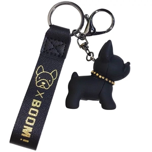 Kreativer schwarzer Französische Bulldogge Schlüsselanhänger mit Goldpräge-Lederband
