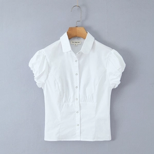 Classic white puff sleeve shirt with slim waist and metal snap buttons for women