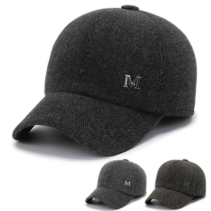 Men Winter Warm Baseball Cap With Ear Protection Herringbone Pattern Thick Woolen Fabric Metal M Logo Dad Hat For Cold Weather
