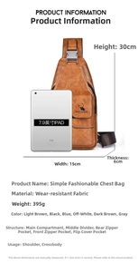 Detailed size chart of brown crossbody bag showing 30x15x6cm dimensions and storage capacity