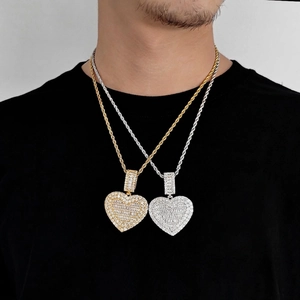 Hip hop large heart locket pendant necklace with zircon stones in gold and silver finish