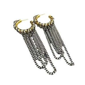 Chic two-tone round metal tassel drop earrings with gold hoop and long silver chains