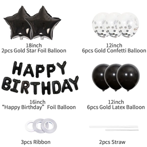 Kit de ballons d'anniversaire noirs avec étoiles en aluminium et confettis brillants