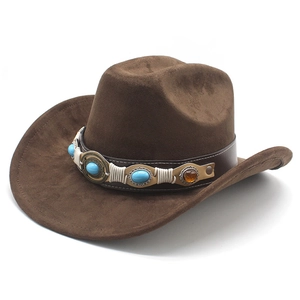 Western Cowboy Hat Suede Felt Wide Brim Turquoise Stone Leather Band Ethnic Bohemian Vintage Style Outdoor Fedora Hat