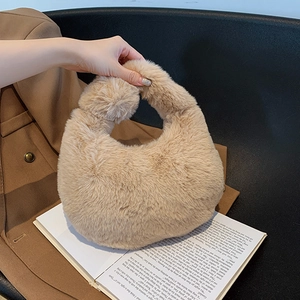 Fuzzy Plush Handbag For Women Soft Faux Fur Underarm Bag Dumpling Shape Half Moon Shoulder Tote Bag Casual
