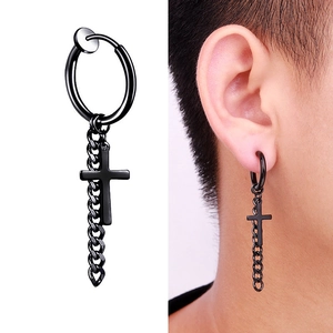 Black non-pierced cross chain ear clip for men featuring a minimalist and cool style