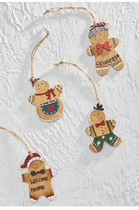 Set of four hand-painted wooden gingerbread man ornaments with twine hanging loops