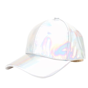 Close-up of holographic rainbow PU leather baseball cap with metallic gradient finish