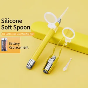 Detail of child ear care kit with LED light, tweezers, silicone tips and yellow case