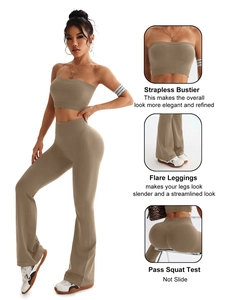 Macro details of strapless bustier top and high waist flared leggings squat proof yoga set