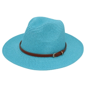 Detail of bright blue woven straw Panama hat featuring a slim brown leather buckle band