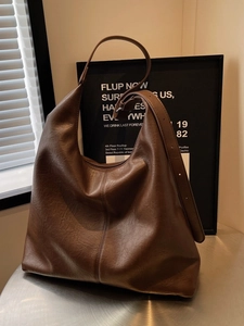 Brown soft leather hobo bag for women, large capacity shoulder bag in minimalist style