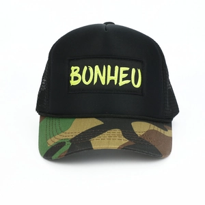 Black trucker hat with camo brim featuring fluorescent green BONHEU embroidery on front