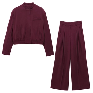 Femme Bourgogne Veste Bomber À Fermeture Éclair Col Montant Et Pantalon Large Taille Haute Plissé Streetwear Polyester