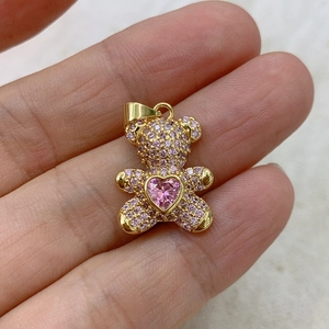 Golden bear pendant with pink zircons and heart gemstone for DIY jewelry necklace