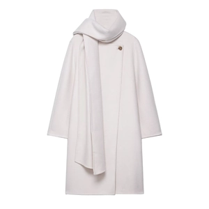 Handmade Elegant Women Long Wool Like Coat With Scarf Collar Button Closure Minimalist Luxury Solid Outerwear Jacket