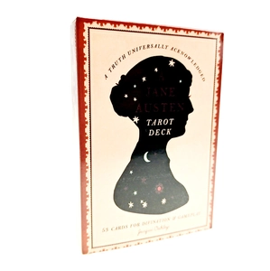 Detail view of the Jane Austen Tarot Deck box featuring 53 cards with black silhouette design