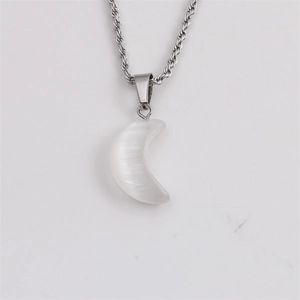 Detail of silver twist chain with a white crescent-shaped stone pendant on white background