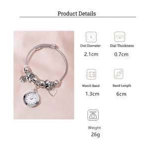 Detail view of silver beaded watch showing dimensions and heart charm pendants