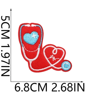 Detailed size view of red heart stethoscope embroidered patch with medical ECG motif