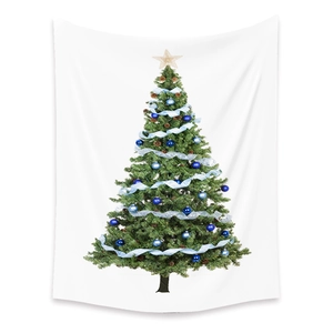 Detail of Christmas tree tapestry with blue ornaments and stars on white fabric