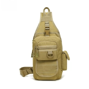 Close-up of tactical khaki sling bag featuring functional multi-pockets and velcro patch area
