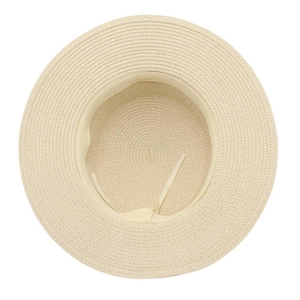 Detail view of straw bucket hat interior featuring sweatband and adjustable sizing ribbons