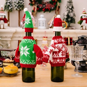 Detailed knit Christmas sweater wine bottle covers with reindeer and snowflake patterns