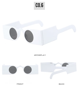 Three-angle display of white square sunglasses with dark lenses and thick frame