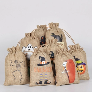 Halloween Drawstring Bags Burlap Linen Candy Gift Packaging Pouch Pumpkin Ghost Skull Print Party Decor Favor