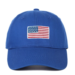 Close-up of the detailed American flag embroidery on the navy blue cotton baseball cap