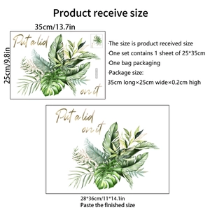 Detail of green leaf wall sticker showing 25x35cm receive size and 28x36cm layout dimensions
