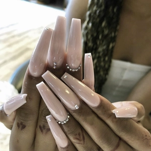 Faux Ongles Cercueil Longs Rose Nude Ballerine Ongles À Presser Brillants Avec Strass Manucure Élégante