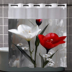 Detail showing high-definition red tulip floral print on waterproof polyester shower curtain