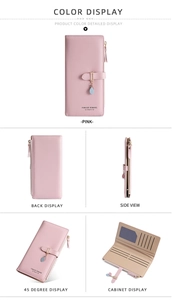 Dettagli portafoglio rosa con fessure per carte e scomparto per monete con zip