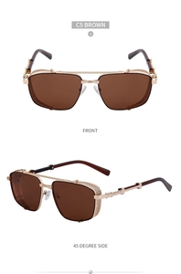 Front and 45-degree side view of steampunk square sunglasses with golden metal mesh frames