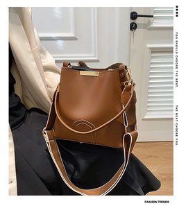 Brown bucket bag with striped strap and gold metal detail shown on model in interior