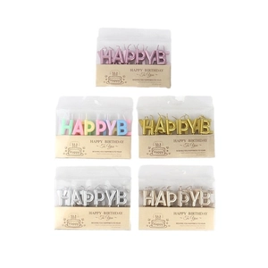 Set of Happy Birthday letter candles in pink, gold, silver, and champagne colors