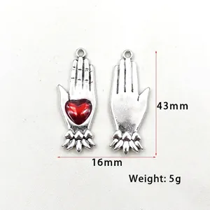 Gothic silver devil hand charms with red heart inlay and dimension measurements